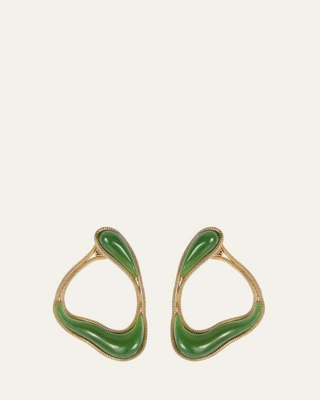 18K Yellow Gold Stream Loop Earrings with Jade